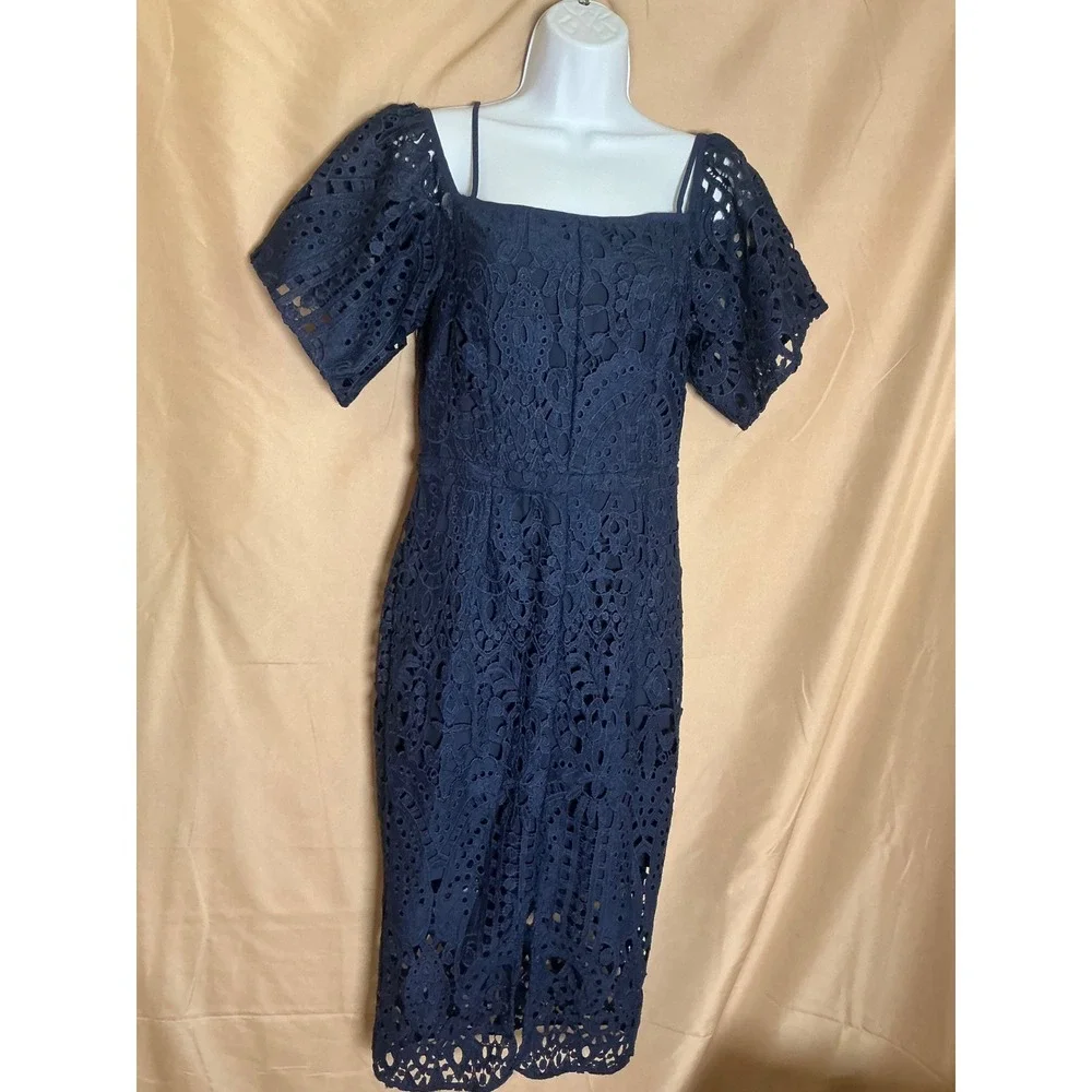 Lace Midi Dress Women 6  Navy Blue Excellent Cold Shoulder Puff Sleeve Square - Picture 3 of 13